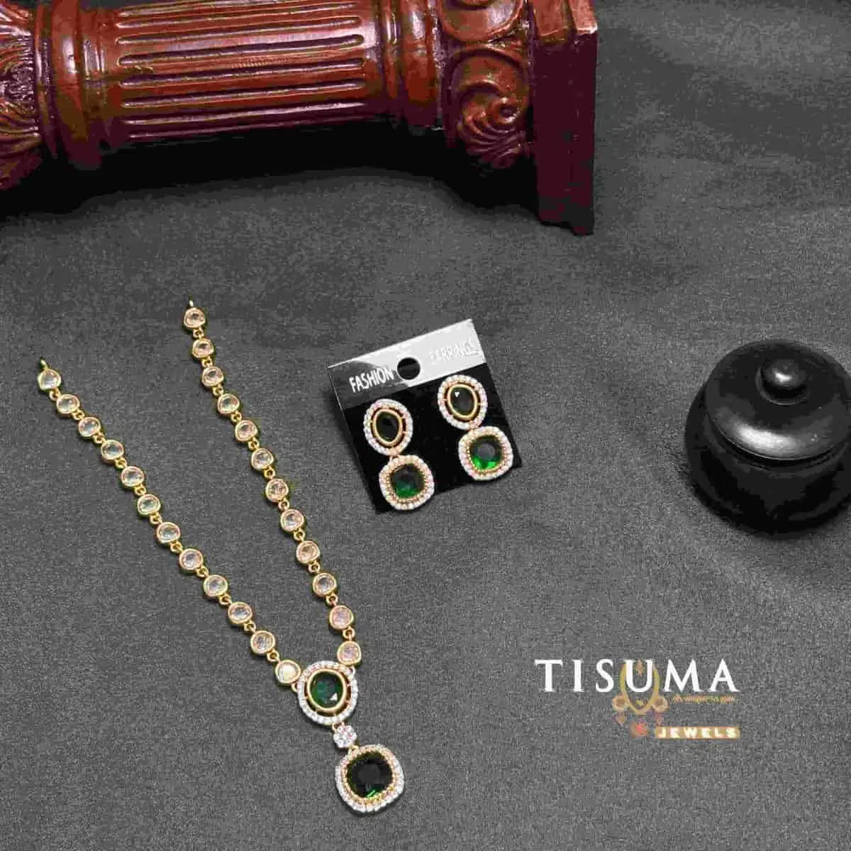 Emerald Green Double Drop Solitaire AD Necklace Set with Earrings